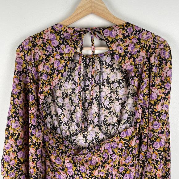 Topshop Dress 4 Dark Floral Maxi Open Back Long Balloon Sleeve Whimsigoth Fairy - Picture 6 of 10